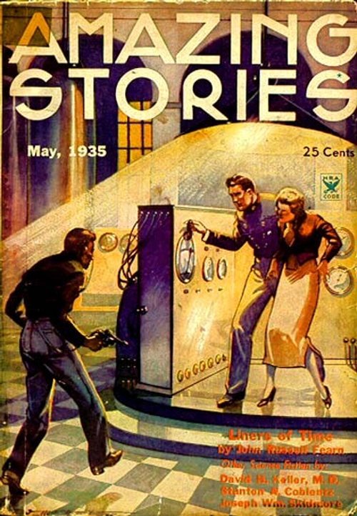 Amazing Stories May 1935 - Armed Villain Threatens Couple at Time Machine