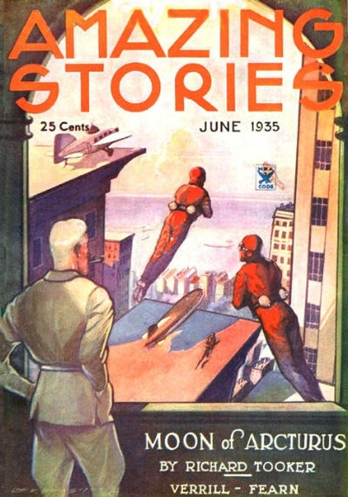 Rocket-Pack Soldiers Launch Over Futuristic City, Amazing Stories June 1935