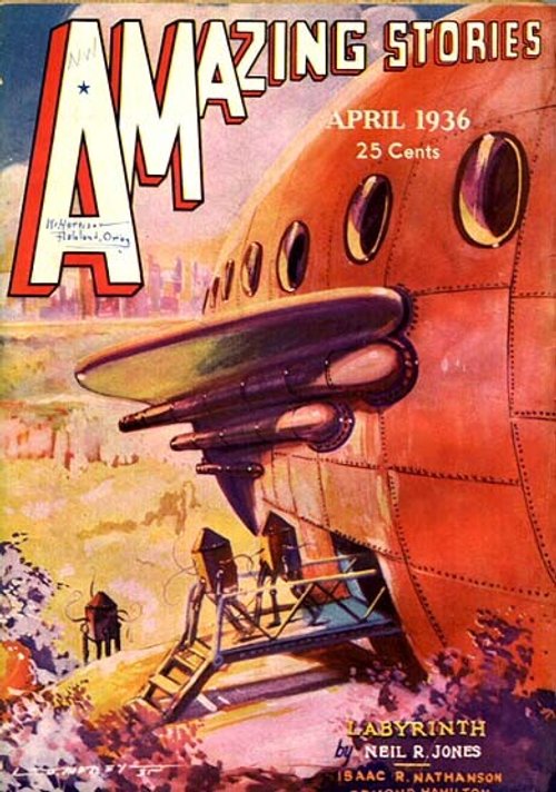 Amazing Stories April 1936 – Massive Streamlined Spaceship Landing on Alien World