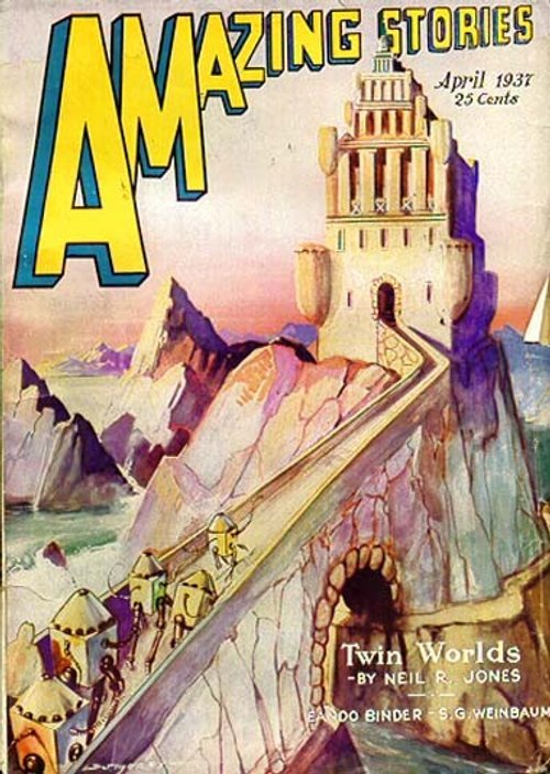 Amazing Stories April 1937 — Ancient Fortress on Alien World, Twin Worlds Cover