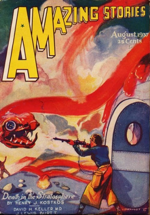 Amazing Stories Aug 1937 – Hero Battles Giant Serpent Beast in Stratosphere