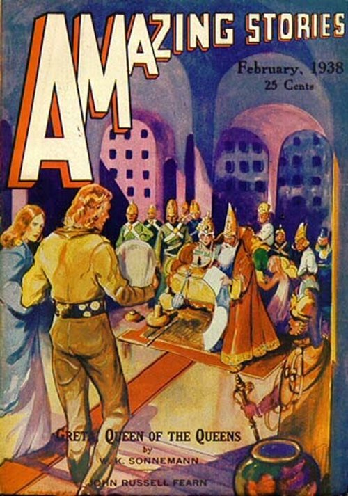 Amazing Stories Feb 1938 – Greta Queen of the Queens Alien Court Scene