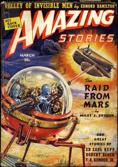 Martian Invaders Fire Ray-Guns from Glass Dome Ship, Amazing Stories March 1939