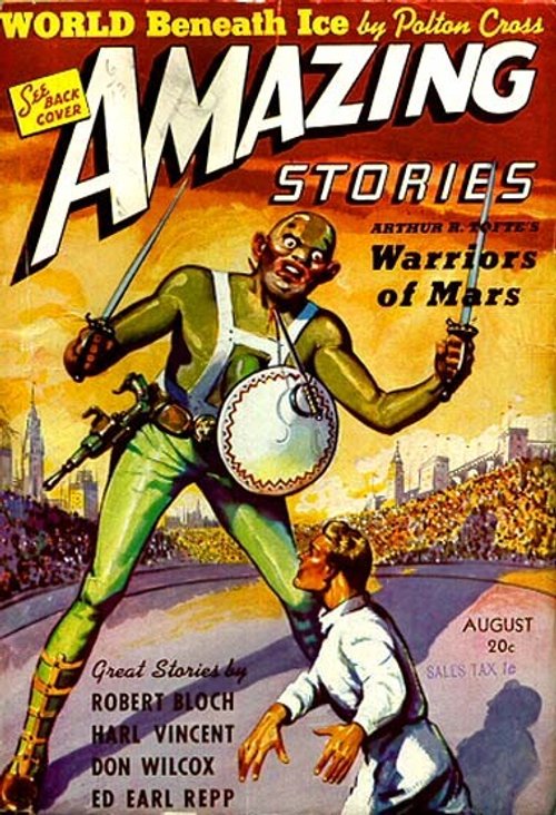 Green Martian Gladiator Towers Over Human — Amazing Stories August 1941