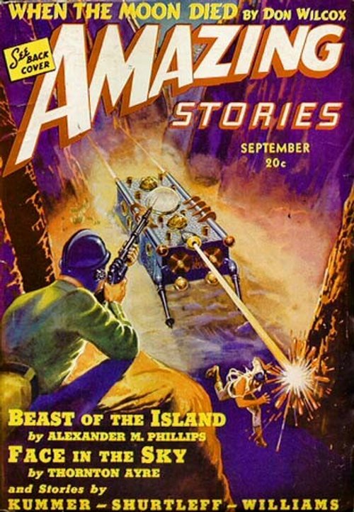 Amazing Stories Sept 1939 — Ray Gun Battle in Rocky Chasm Cover