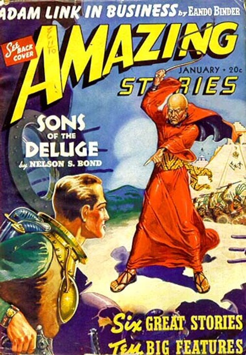 Amazing Stories January Cover: Sons of the Deluge Confrontation Scene
