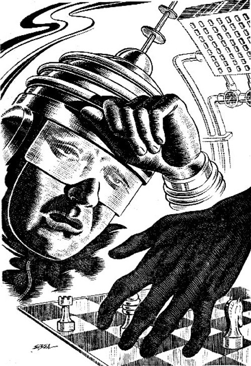 Robotic Chess Player vs. Human Hand — Atomic Age AI Brain Illustration