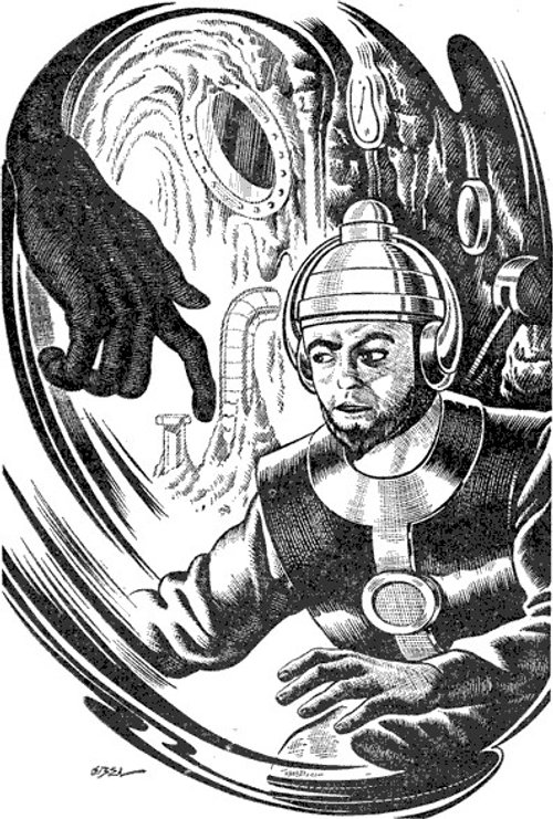 Helmeted Scientist Confronts Alien Entity — Golden Age Pulp Interior Art, c.1940s