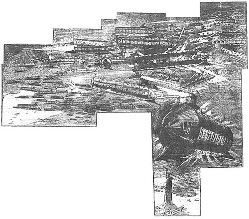 Aerial Armada Over City Skyline: Early Pulp-Era Airship Invasion Fleet