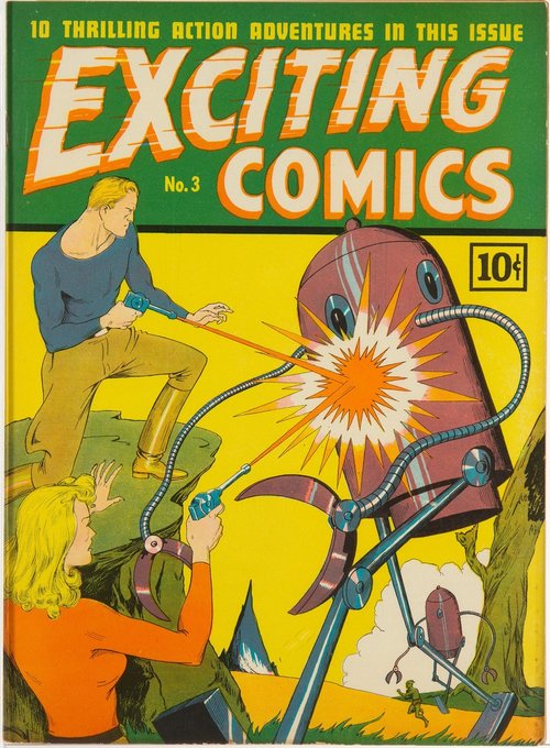 Exciting Comics No. 3 — Hero and Heroine Battle Giant Robot with Ray Guns, 1940