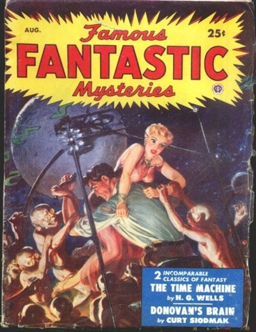 Famous Fantastic Mysteries Aug Cover: H.G. Wells Time Machine Morlocks Attack