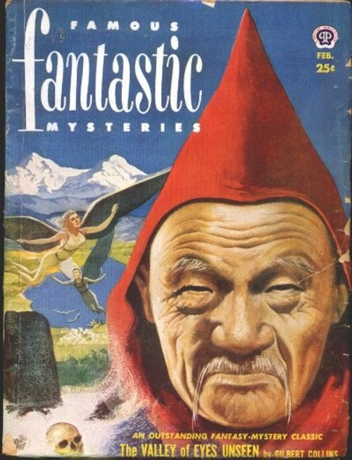 Sinister Sorcerer Looms Over Fleeing Woman, Famous Fantastic Mysteries Feb.
