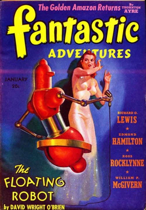 Fantastic Adventures January 1943 — 'The Floating Robot' Menaces Distressed Woman