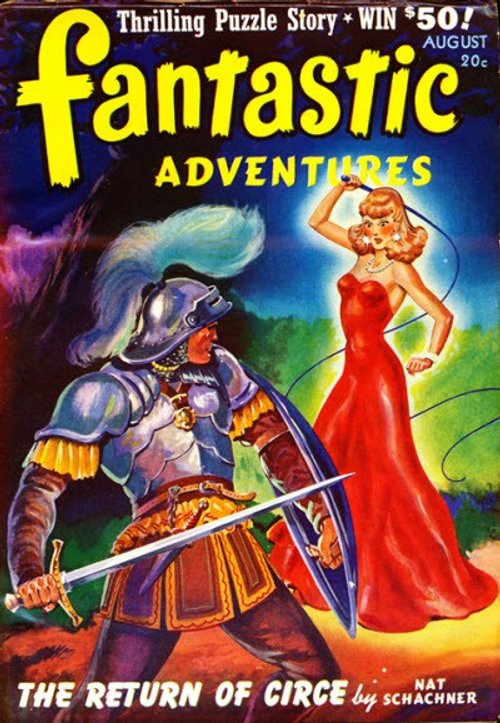 Fantastic Adventures Aug 1940s — Circe in Red Confronts Armored Knight