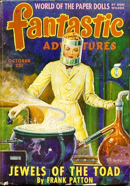 Fantastic Adventures Oct 1939 – Woman Scientist in Space Helmet Brews Jewels of the Toad