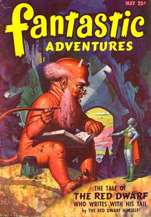 Red Devil Dwarf Writes With His Tail, Fantastic Adventures May 1950s Cover