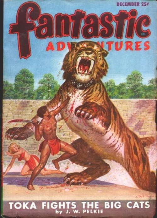 Fantastic Adventures Dec Cover: Toka Fights Giant Tiger, 1940s Pulp