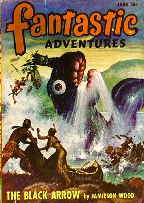 Fantastic Adventures June — Sea Monster Attacks Native Canoe, 'The Black Arrow'