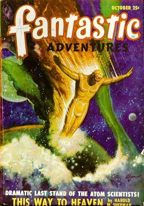 Golden Atomic Giant vs. Cosmic Serpent — Fantastic Adventures, October 1952