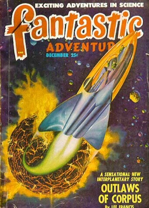 Fantastic Adventures December Cover: Rocket Escapes Volcanic Planet, 1940s