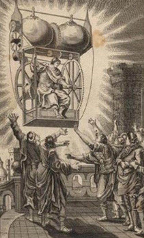 Man Ascends in Mechanical Flying Cage, Early Fantastic Voyage Engraving c.1700s