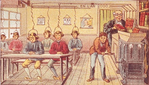 En L'An 2000: Electric Knowledge Helmets in a Future Classroom, c.1900