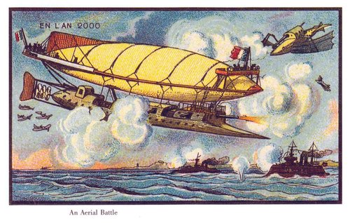 En L'An 2000: Aerial Battle Over the Sea — French Futurist Postcard c.1900