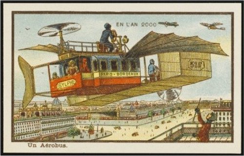 En L'An 2000: Parisian Aerobus Over City, French Futurist Trade Card
