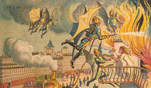 En L'An 2000: Flying Firefighters of the Future, French Chromolithograph c.1900