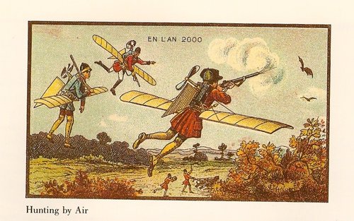 En L'An 2000: Aerial Hunting with Personal Wings, French Futurist Postcard c.1900