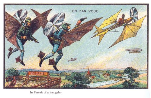 En L'An 2000: Aerial Customs Police Chase a Smuggler, French Chromolithograph c.1900