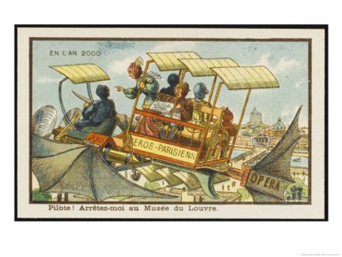 En L'An 2000: Aeros-Parisiens Flying Taxi Over Paris, French Chromolithograph