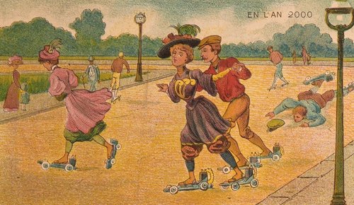En L'An 2000: Motorized Roller Skates in the Park, c.1900 French Futurist Card
