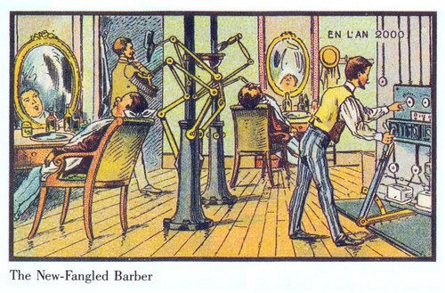 En L'An 2000: The Automated Barber Shop, French Futurist Postcard c.1900