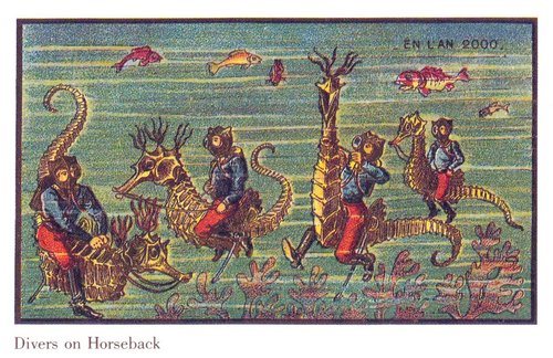 En L'An 2000: Underwater Seahorse Cavalry — French Futurist Postcard c.1900