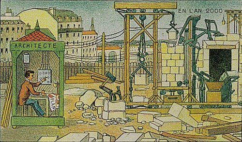 En L'An 2000: Automated Construction Site, French Retro-Futurist Postcard c.1900