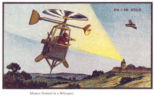 En L'An 2000: Advance Sentinel in a Helicopter, French Futurist Postcard c.1900