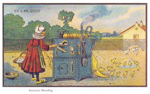 En L'An 2000: Steam-Powered Egg Incubator, French Futurist Postcard c.1900