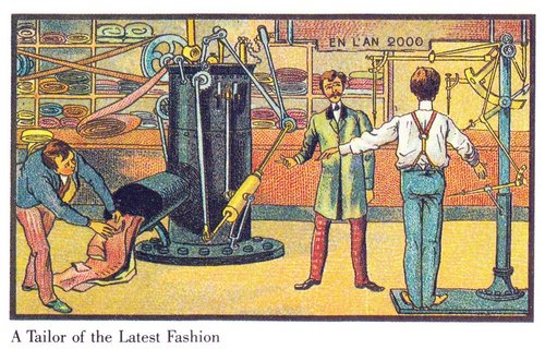 En L'An 2000: Automated Tailor Shop, French Retro-Futurist Trade Card c.1900