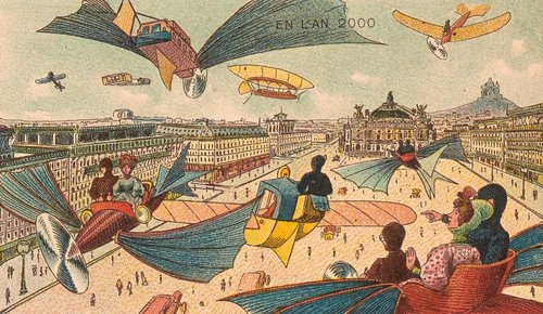 En L'An 2000: France Imagines Flying Machines Over Paris, c.1900