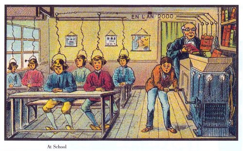 En L'An 2000: Electric Knowledge Transfer Classroom, c.1900 French Postcard