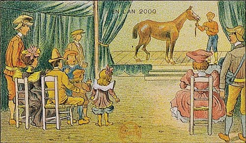 En L'An 2000: Horse Auction of the Future, French Chromolithograph Postcard