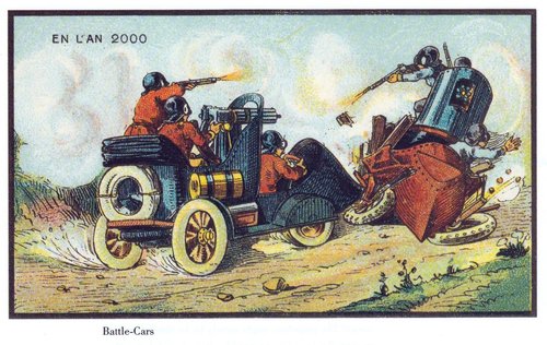 En L'An 2000: Battle-Cars of the Future, French Chromolithograph Postcard c.1900