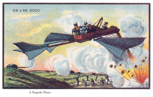 En L'An 2000: Torpedo Plane Bombing Run, French Futurist Postcard c.1900