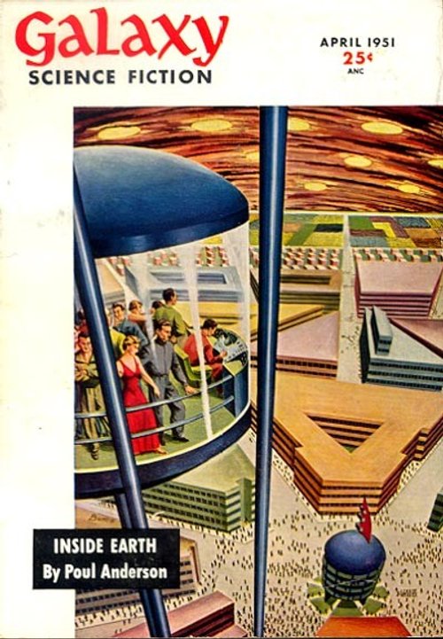 Galaxy Science Fiction April 1951 — 'Inside Earth' Aerial Tram over Futurist City