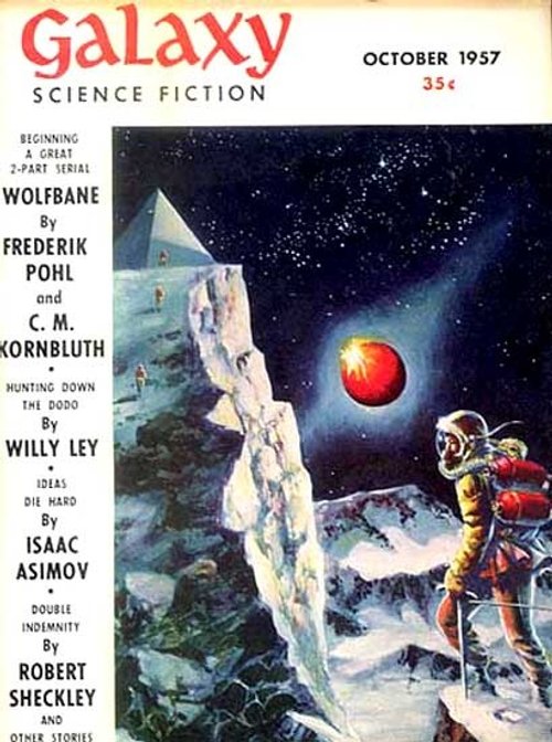 Galaxy Science Fiction Oct 1957 — Spacesuited Astronaut on Alien Moon Cover