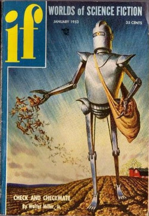 Giant Robot Harvests Humans Like Wheat — IF Magazine, January 1953