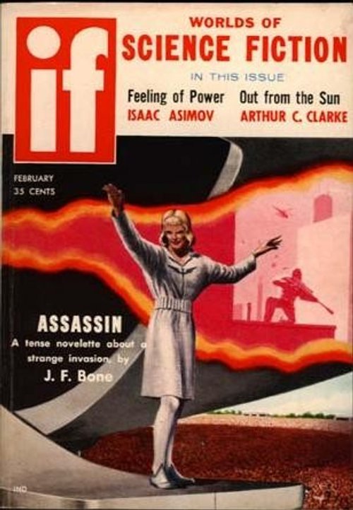 IF Magazine Feb 1957 — 'Assassin' Cover with Woman and Shadow Gunman