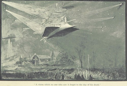 Fred T. Jane's War Airship Attack, Victorian Sci-Fi Book Illustration 1890s