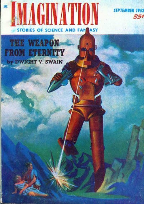 Towering Bronze Robot Attacks — Imagination Magazine, September 1952